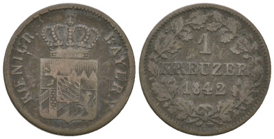 Бавария 1 крейцер 1842 Людвиг I (1825-1848) KM 422, AKS 88 серебро 4615-1243