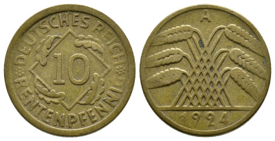 ГЕРМАНИЯ 10 РЕНТЕНПФЕННИГОВ 1924 A KM 33, J. 309, Weege 8 алюминиевая бронза 4380-931