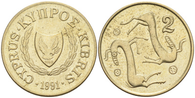 Кипр 2 цента 1991 первый год KM 54.3 никель латунь    4115-414