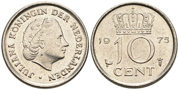 Нидерланды 10 центов 1975 Юлиана (1949-1980) КМ 182 никель 4567-557