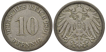 ГЕРМАНИЯ 10 ПФЕННИГОВ 1891 A KM 12, Jager 13, Weege 8 медно-никель 4513-643