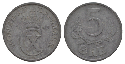 Дания 5 эре 1943 N, Кристиан X (1912-1947) KM 834a цинк 4657-312
