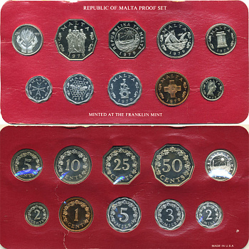 Мальта набор из 10 монет 1979 в запайке, в оригинальной коробке, с сертификатом, тираж 6577 экз. KM PS 7, KM (5-12, 29b, 51) серебро PROOF 2-6-3-09