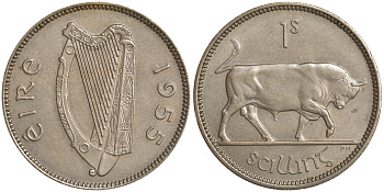 ИРЛАНДИЯ 1 ШИЛЛИНГ 1955 БЫК KM 14a медно-никель 4390-317