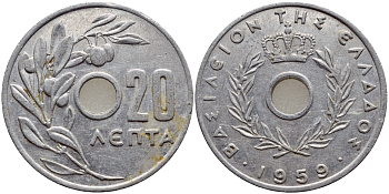 Греция 20 лепта 1959 Павел I (1947-1964), оливковая ветвь KM 79 алюминий 4395-413