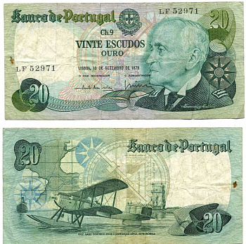 ПОРТУГАЛИЯ 20 ЭСКУДО 1978 13 СЕНТЯБРЯ 1978, АДМИРАЛ ГАГУ КОУТИНЬЮ Pick 176a бумага 6287-6-3