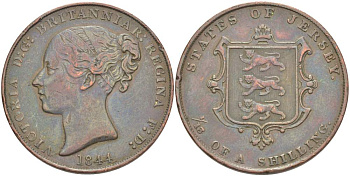 Джерси 1/13 шиллинга 1844 Виктория (1837-1901), большой формат KM 3 медь 4517-1012
