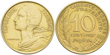 ФРАНЦИЯ 10 САНТИМОВ 1963 ТИП MARIANE KM 929, LE FRANC 144.3 алюминиевая бронза 4519-822