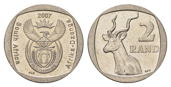 ЮАР 2 ранда 2007 KM 296 медь плакированная никелем aUNC 4628-143