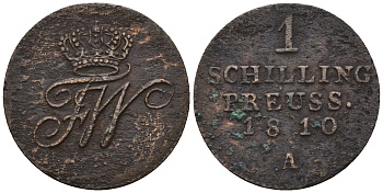 Бранденбург-Пруссия 1 шиллинг 1810 A, Фридрих Вильгельм III (1797-1840) Jaeger 18 c, AKS 45 медь 259-1131