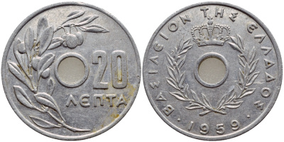 Греция 20 лепта 1959 Павел I (1947-1964), оливковая ветвь KM 79 алюминий 4395-413