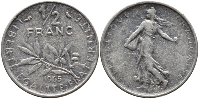 Франция 1/2 франка 1965 сеятель KM 931, Le Franc 198.3 никель 4392-461