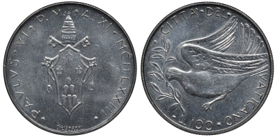 Ватикан 100 лир 1973 голубь, папа Павел VI (1963-1978) KM 122 нержавеющая сталь UNC 4579-645