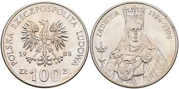 Польша 100 злотых 1988 MW, серия Польские правители, королева Ядвига (1384-1399) KM 183 медно-никель 63-914