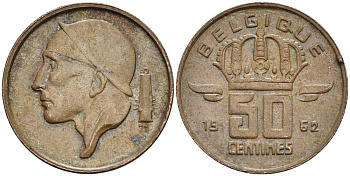БЕЛЬГИЯ 50 САНТИМОВ 1962 BELGIQUE KM 148.1 бронза 4528-943