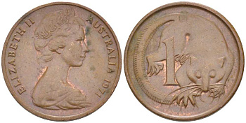 АВСТРАЛИЯ 1 ЦЕНТ 1971 ЕЛИЗАВЕТА II, МОЛОДОЙ ПОРТРЕТ, ОПОССУМ KM 62 бронза 99-831