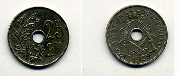 БЕЛЬГИЯ 25 САНТИМОВ 1928 BELGIQUE KM 68.1 медно-никель 37-1257