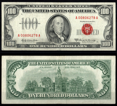 США 100 долларов 1966 Бенджамин Франклин. Зал независимости, Филадельфия, Пенсильвания.Подписи: signatures: Elston & Kennedy. Красная печать Pick 384 b, Fr. 1551 бумага 451-1275-1