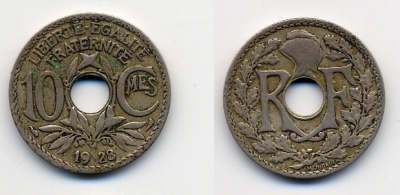 ФРАНЦИЯ 10 САНТИМОВ 1928 ТИП ЛИНДАЙЁ KM 866а медно-никель 4388-933