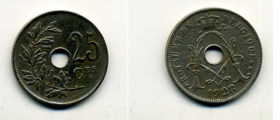 БЕЛЬГИЯ 25 САНТИМОВ 1928 BELGIQUE KM 68.1 медно-никель 37-1257