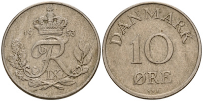 Дания 10 эре 1953 N; S, Фредерик IX (1947-1972) KM 841.1 медно-никель    4602-713
