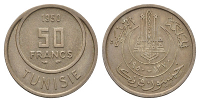 Тунис 50 франков 1950 KM 275 медно-никель 4671-255