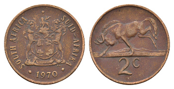 ЮАР 2 цента 1970 герб, антилопа гну KM 83 бронза 4605-452
