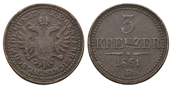Австрия 3 крейцера 1851 B, Франц Иосиф I (1848-1916) KM 2193 медь    4112-646
