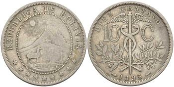 БОЛИВИЯ 10 СЕНТАВО 1895 CORNUCOPIA AND TORCH FLANK DATE KM 174.2 медно-никель 633-122
