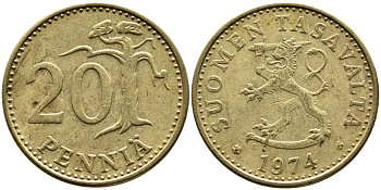 Финляндия 20 пенни 1974 S KM 47 KM 47 алюминиевая бронза 4385-1022