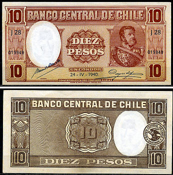 Чили 10 песо 1940 Мануэль Булнес Pick 92 d  бумага  UNC (пресс) 451-1185-1