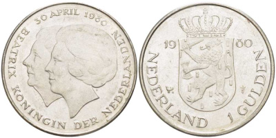 Нидерланды 1 гульден 1980 на коронацию Беатрикс, 30 апреля 1980 KM 200 никель 213-1252