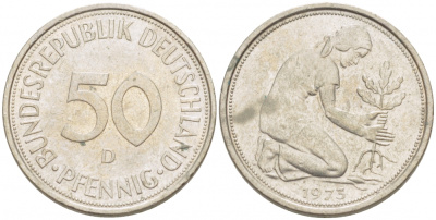 ФРГ 50 ПФЕННИГОВ 1973 D KM 109.2 J 384a медно-никель 3996-1264
