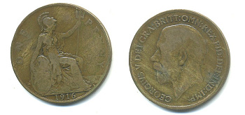 Великобритания 1 пенни 1916 Георг V (1910-1936) КМ 810, Spink 4051 бронза 54-2413