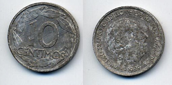 Испания 10 сентимо 1959 Франсиско Франко (1939-1975) KM 790 алюминий 54-1327