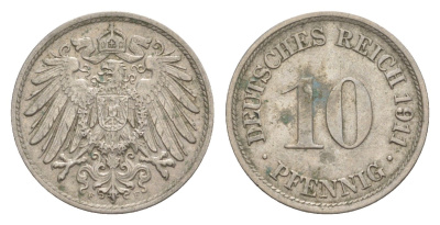 Германия 10 пфеннигов 1911 F, Вильгельм II (1888-1918) KM 12, J. 13 медно-никель 4640-319