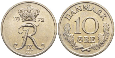 ДАНИЯ 10 ЭРЕ 1972 S;S, ФРЕДЕРИК IX (1947-1972) KM 849.2 медно-никель 201-1232