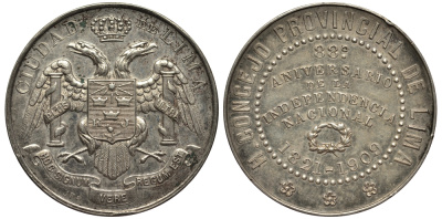 Перу медаль 1909 88 лет независимости, 30 мм, 12,3 гр. серебро 3896-325