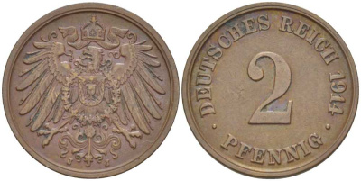 ГЕРМАНИЯ 2 ПФЕННИГА 1914 J KM 16, J. 11, Weege 4 медь 206-646