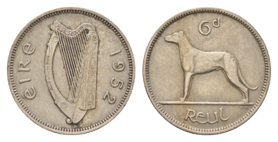 Ирландия 6 пенсов 1952 собака, ирландский волкодав KM 13a медно-никель 4690-332