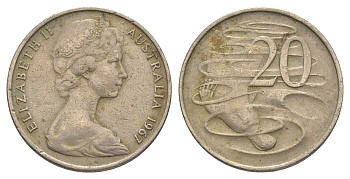 Австралия 20 центов 1967 Елизавета II (1952-2022), утконос KM 66 медно-никель 4384-721
