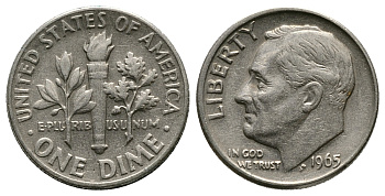 США 10 ЦЕНТОВ = 1 ДАЙМ 1965 РУЗВЕЛЬТ KM 195а медь плакированная медно-никелем 89-633