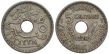 Тунис 5 сантимов 1920 A KM 242 никель латунь     4121-251