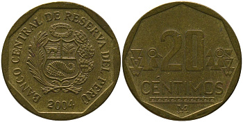 Перу 20 сентимо 2004 LIMA KM 306.4, Schon 105 латунь 4543-1131