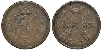 Швеция 2 эре 1765 S.M. Адольф Фредерик (1751-1771) диаметр 34 мм, вес 28,3 гр KM 461 медь 4179-332