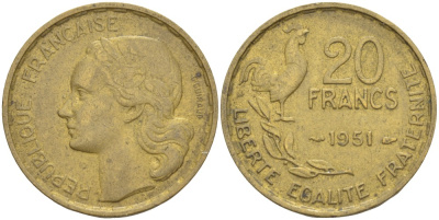 ФРАНЦИЯ 20 ФРАНКОВ 1951 ПЕТУХ, 4 ПЕРА KM 917.2, LE FRANC 402.8 алюминиевая бронза 4525-1022