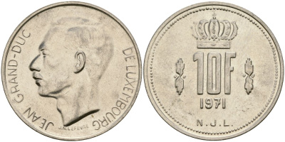 Люксембург 10 франков 1971 Великий герцог Жан (1964-2000) KM 57 никель 4120-1136