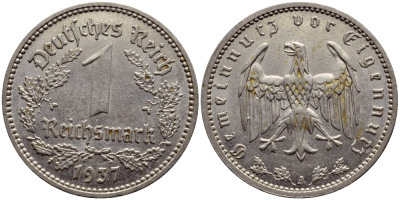 ГЕРМАНИЯ 1 РЕЙХСМАРКА 1937 A КМ 78 J.354 никель 56-1032