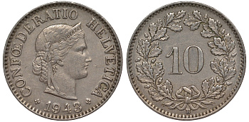 Швейцария 10 раппенов 1943 в KM 27 медно-никель 4128-721