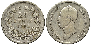 НИДЕРЛАНДЫ 25 ЦЕНТОВ 1848 ВИЛЬЯМ II KM 76 серебро 443-613